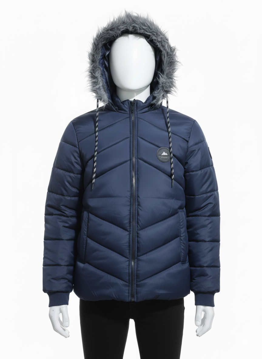 Men's Puffer Vest with Fur Hood and interior(Navy blue)