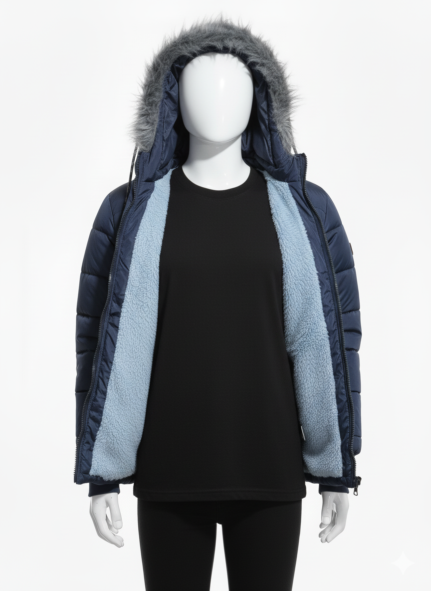 Men's Puffer Vest with Fur Hood and interior(Navy blue)