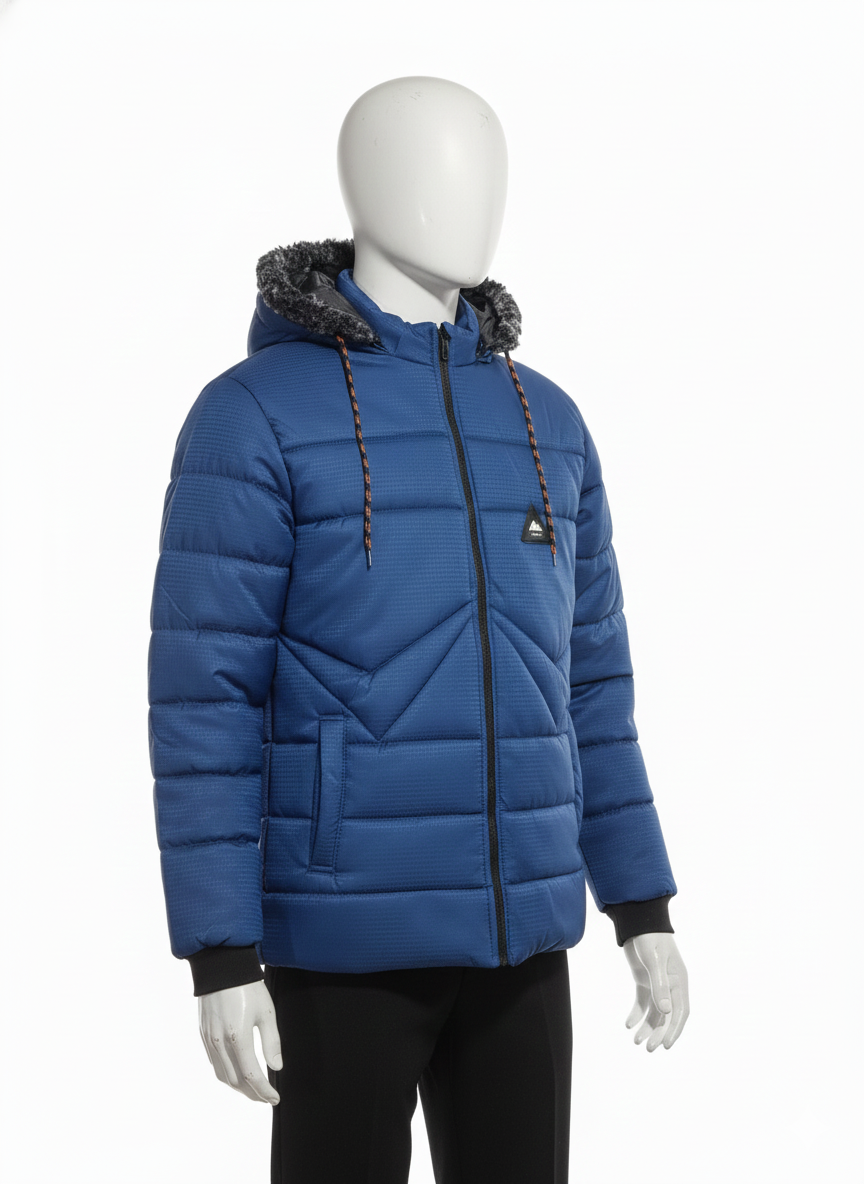 Men's Puffer Vest with Fur Hood and interior(Blue)