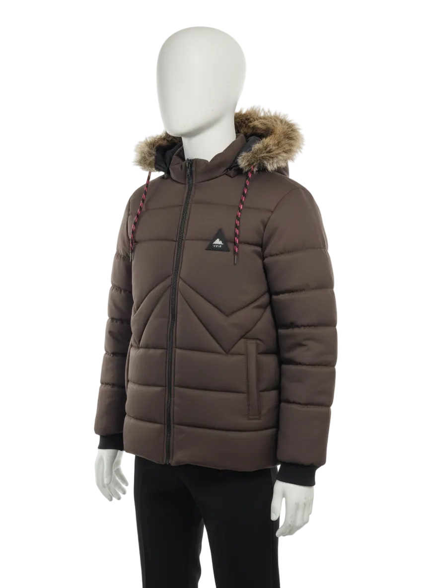 Men's Puffer Vest with Fur Hood and interior(Dark Brown)