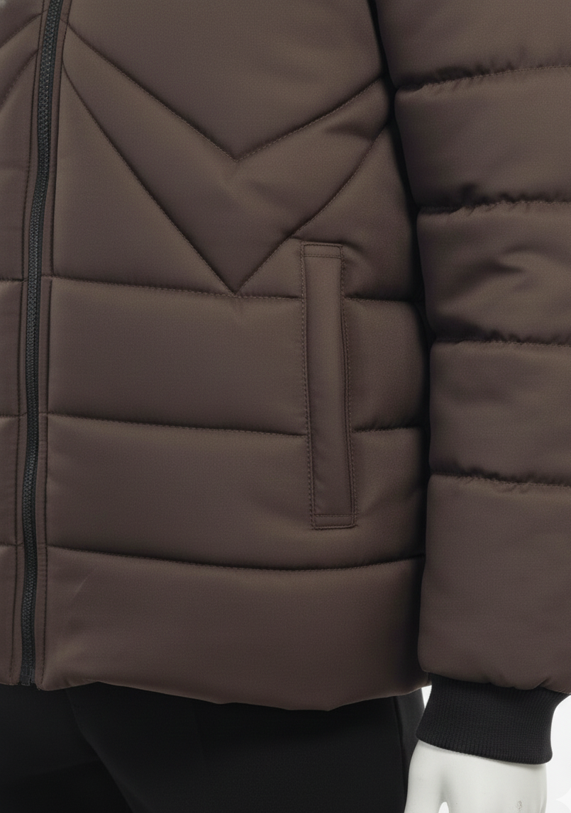 Men's Puffer Vest with Fur Hood and interior(Dark Brown)