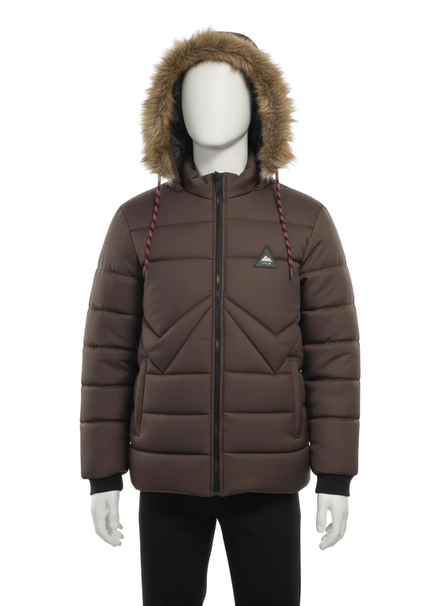 Men's Puffer Vest with Fur Hood and interior(Dark Brown)