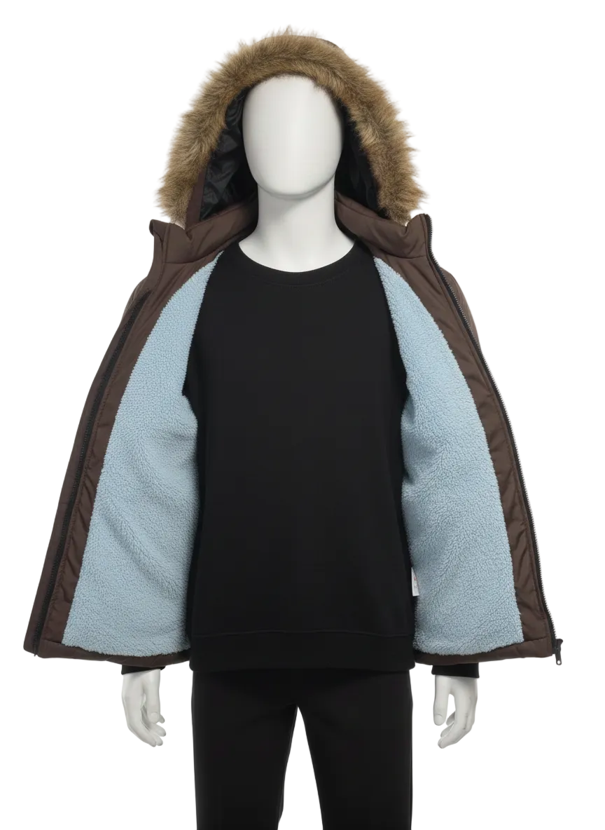 Men's Puffer Vest with Fur Hood and interior(Dark Brown)