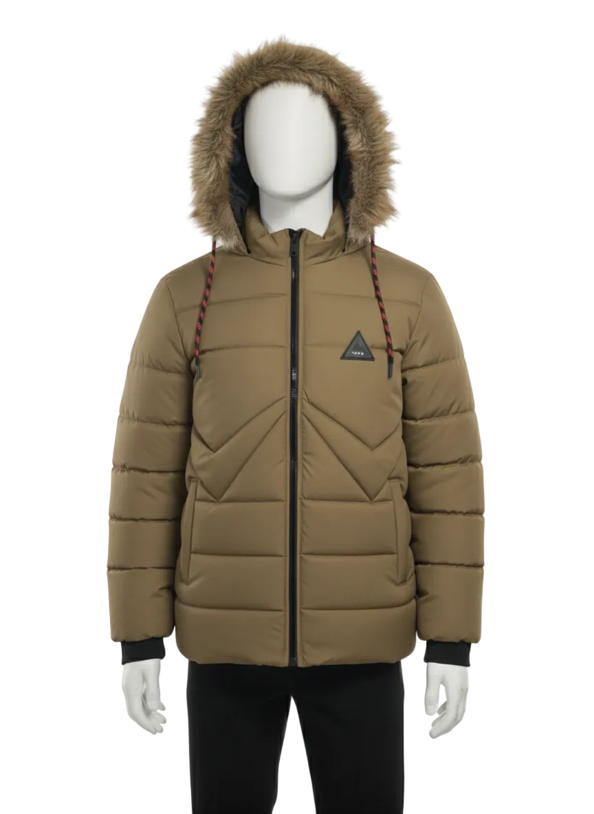 Men's Puffer Vest with Fur Hood and interior(Mustard)