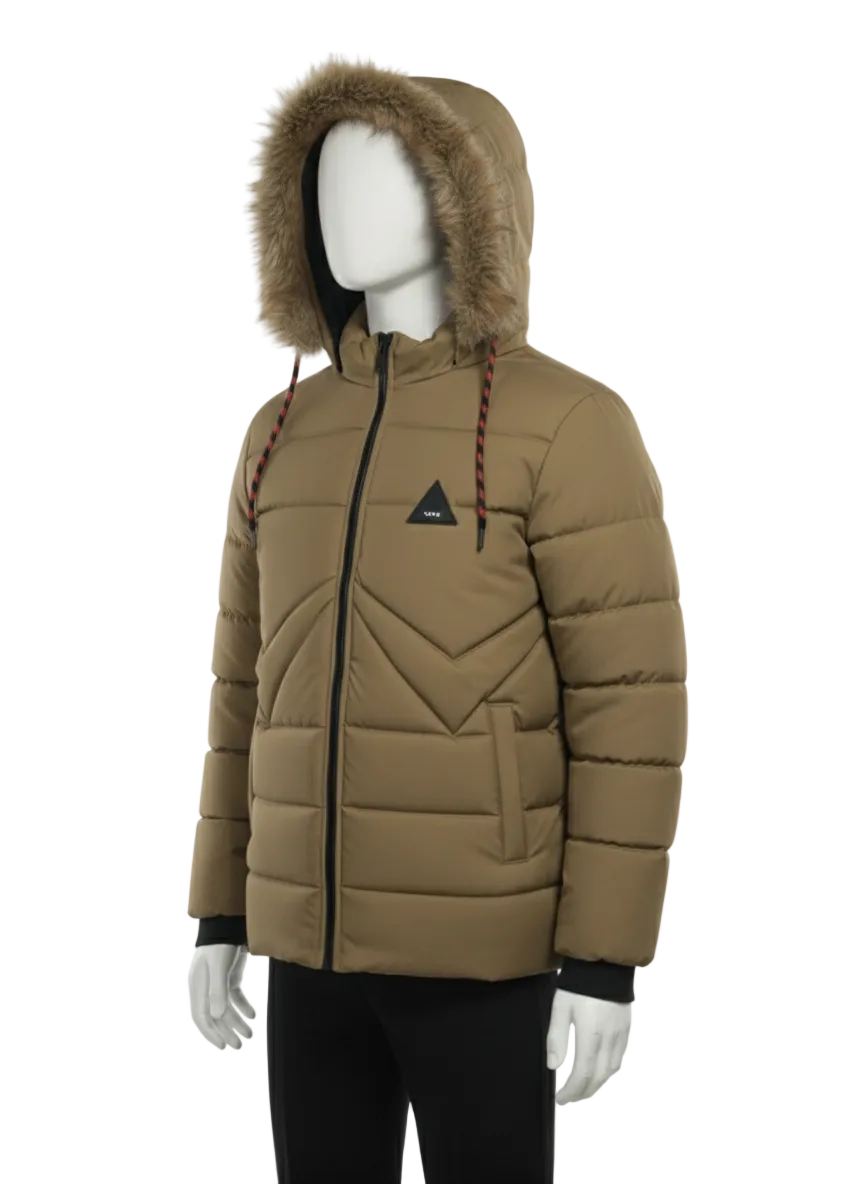 Men's Puffer Vest with Fur Hood and interior(Mustard)