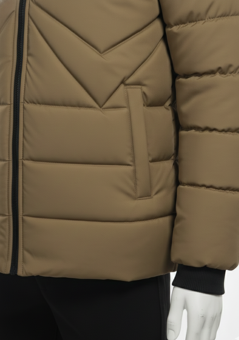 Men's Puffer Vest with Fur Hood and interior(Mustard)