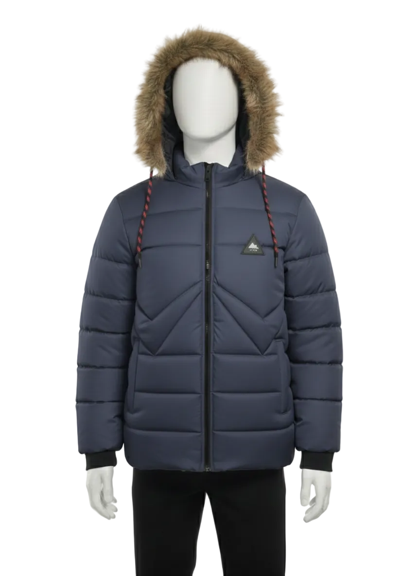 Men's Puffer Vest with Fur Hood and interior(Navy Blue)