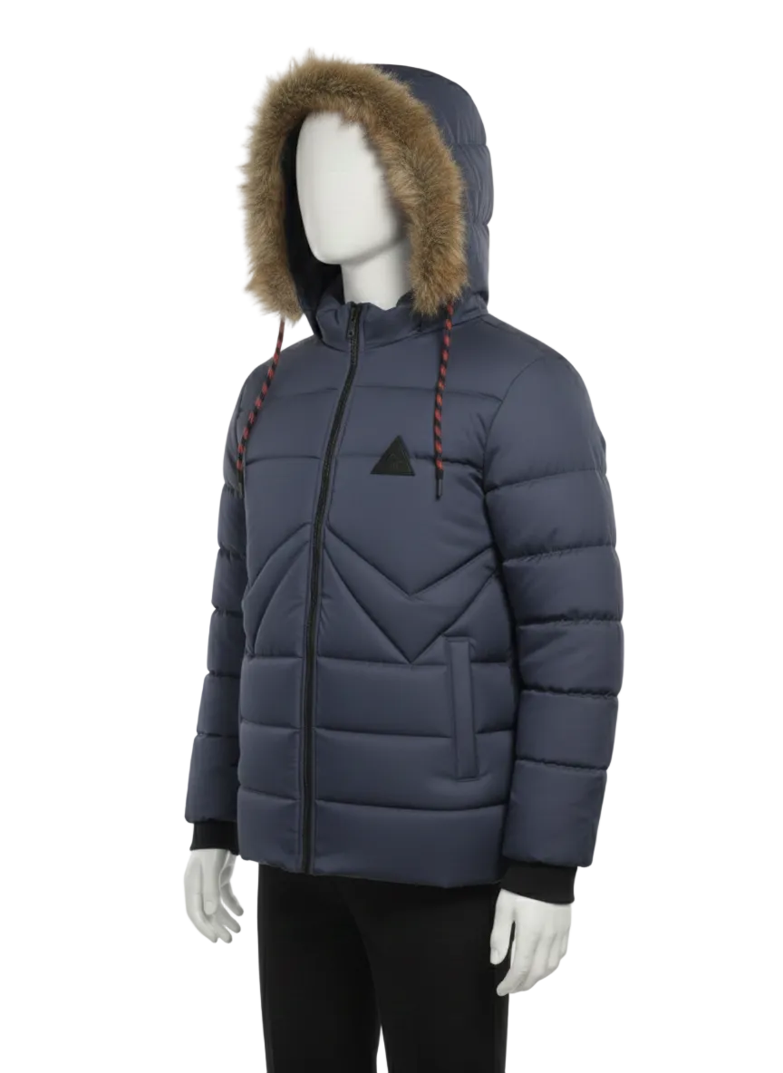 Men's Puffer Vest with Fur Hood and interior(Navy Blue)