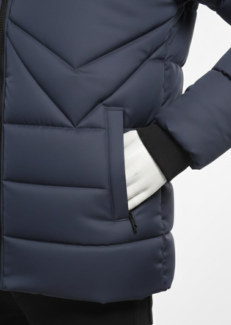 Men's Puffer Vest with Fur Hood and interior(Navy Blue)