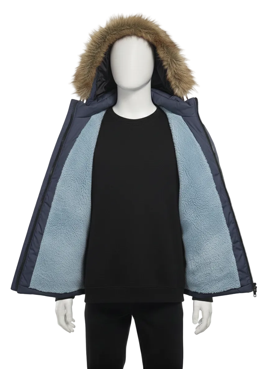 Men's Puffer Vest with Fur Hood and interior(Navy Blue)