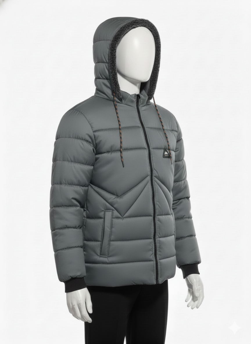 Men's Puffer Vest with Fur Hood and interior(Dark Grey)