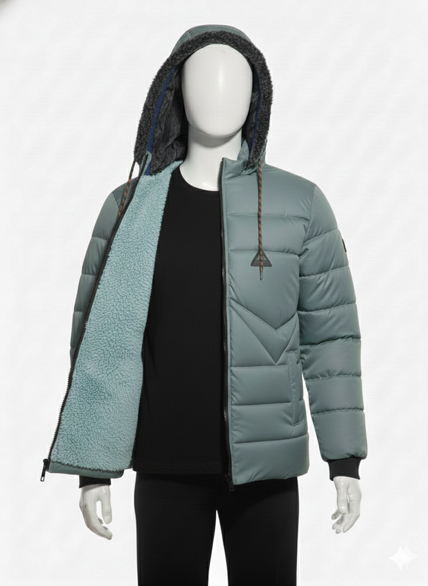 Men's Puffer Vest with Fur Hood and interior(Light Grey)