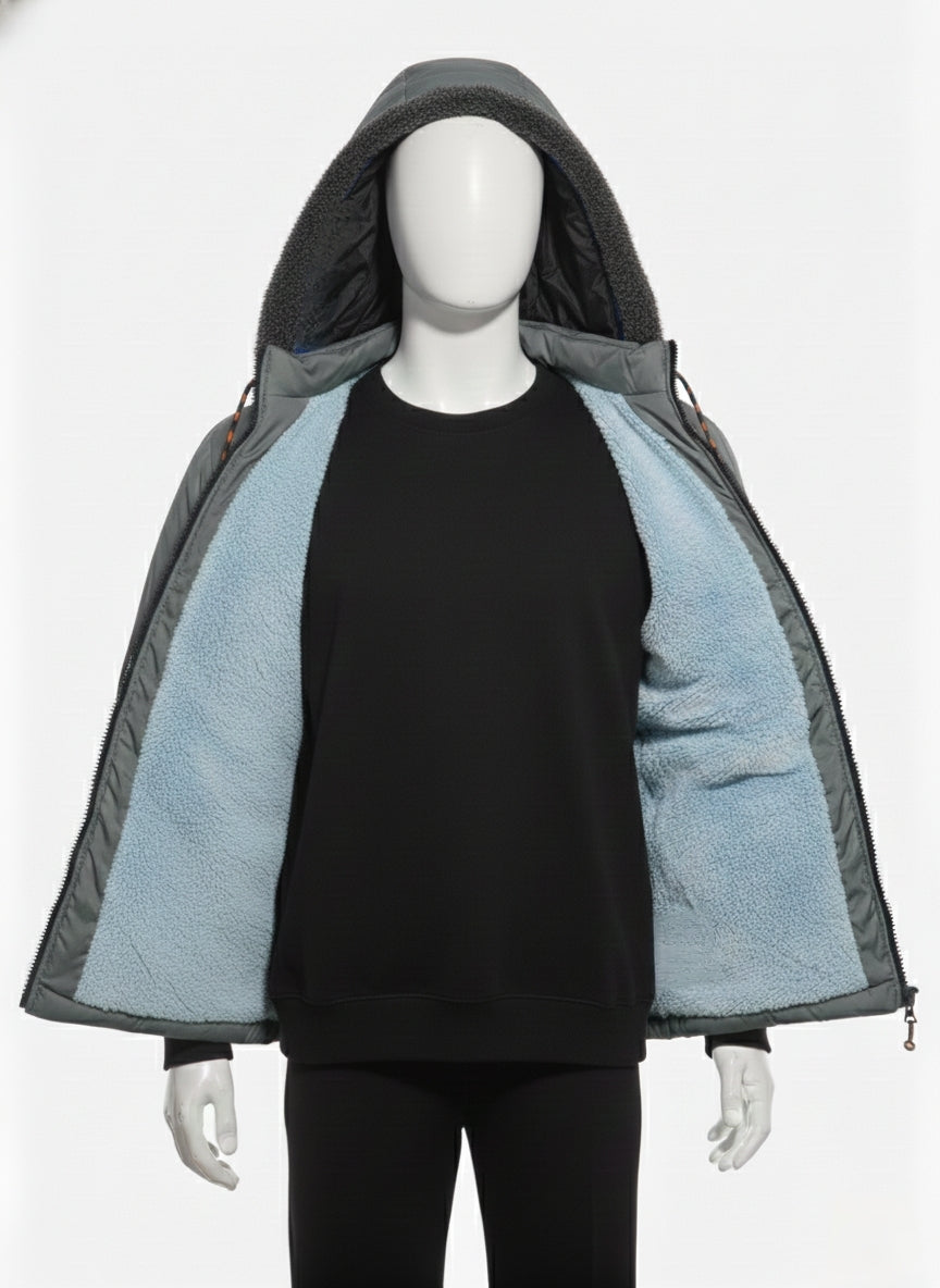 Men's Puffer Vest with Fur Hood and interior(Dark Grey)