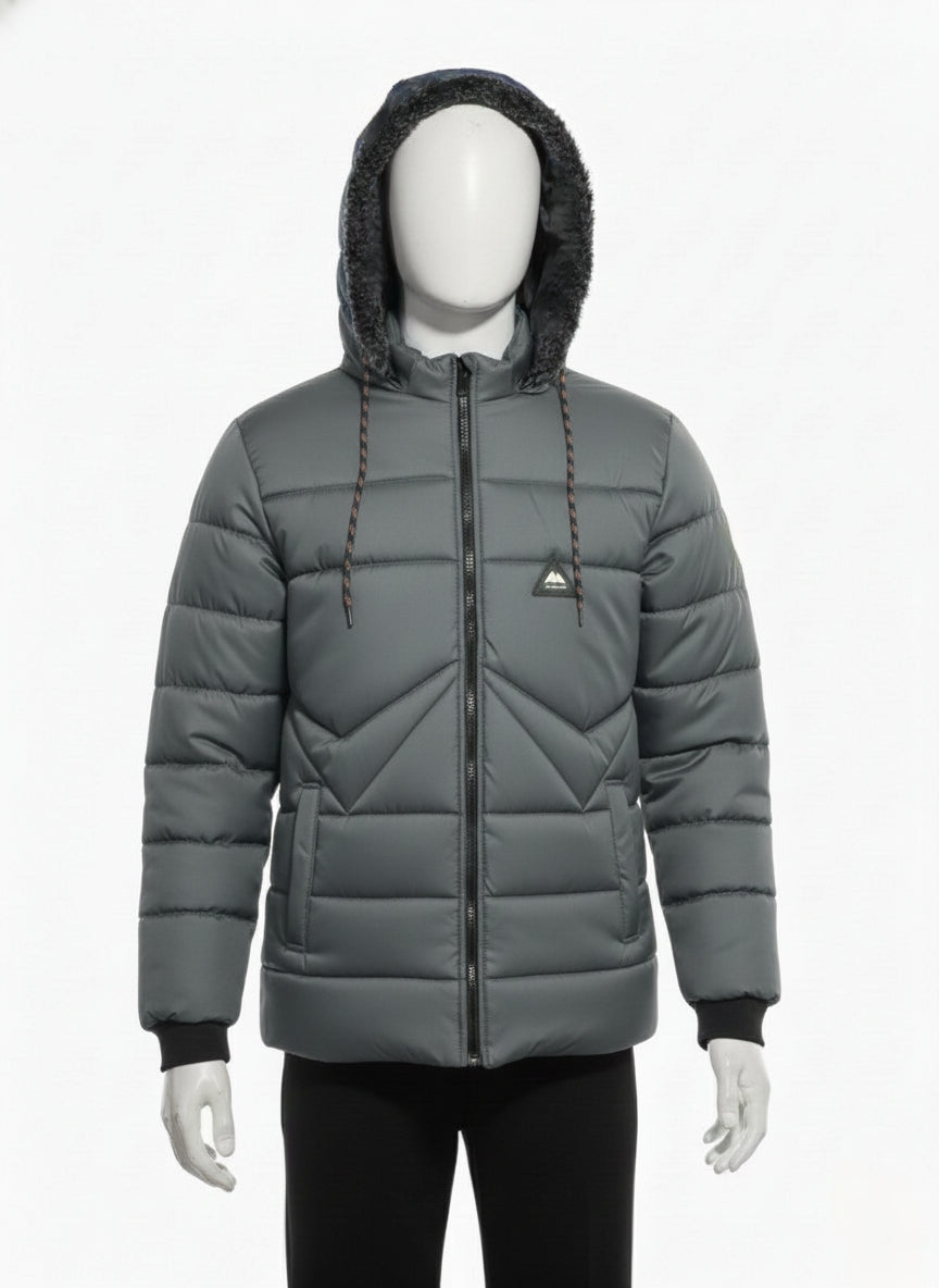 Men's Puffer Vest with Fur Hood and interior(Dark Grey)